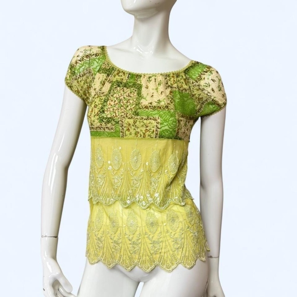Y2K Patchwork Lace Fairy Top Chartreuse Coquette Womens S Fairycore sequin